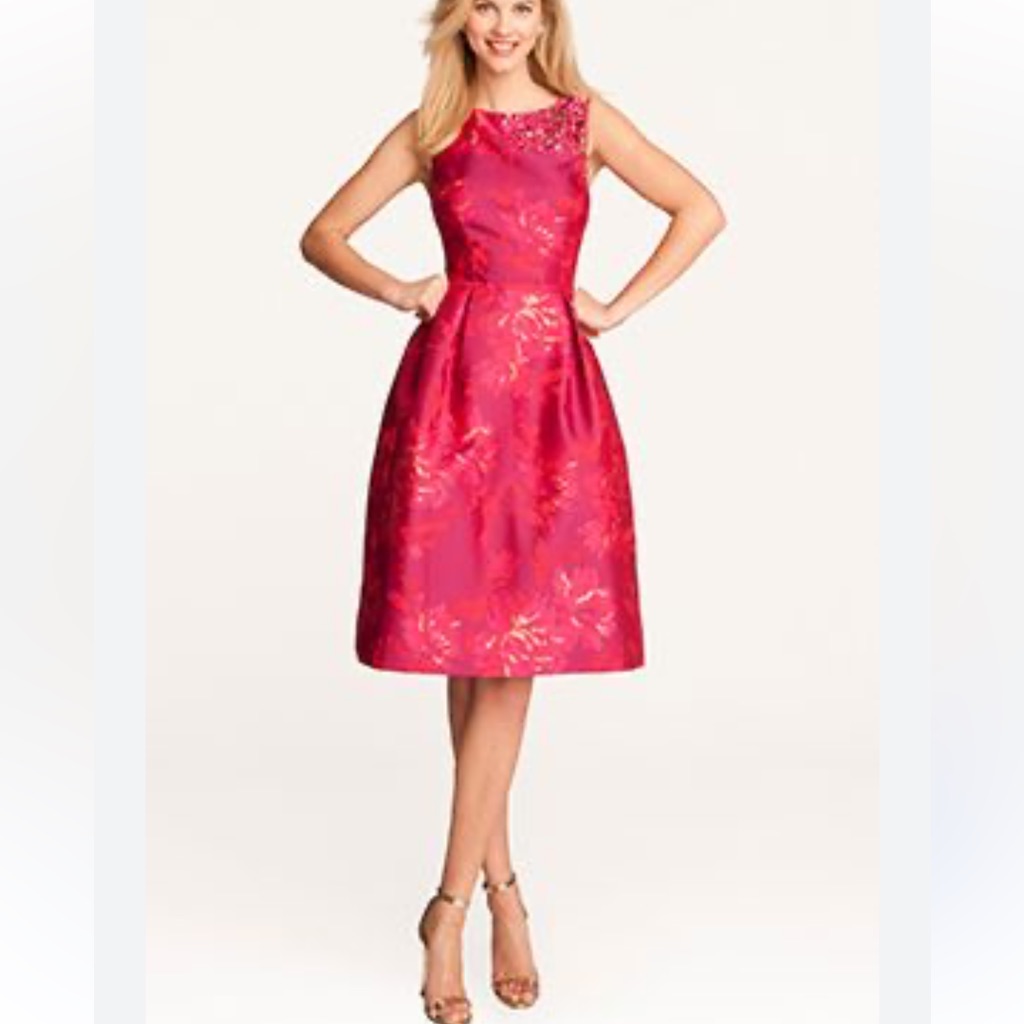 Teri Jon Fuchsia Floral Jacquard Sleeveless Midi Dress